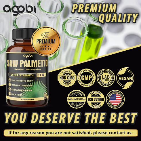 11in1 Saw Palmetto Capsules with Ashwagandha, Turmeric, Tribulus, Maca & More - 180 Count Healthy Prostate & Hair