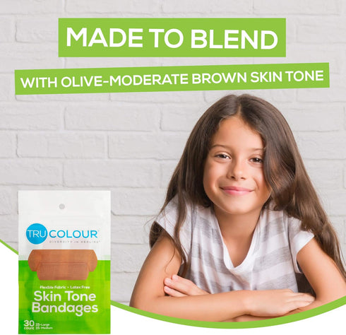 Skin Tone Bandages, Olive-Moderate Brown, Single Bag (30-Count; Green Bag)