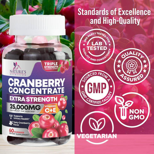 Cranberry Gummies - Urinary Tract Health Gummy + Vitamin C - 25,000mg Triple Strength Cranberry Concentrate Extract