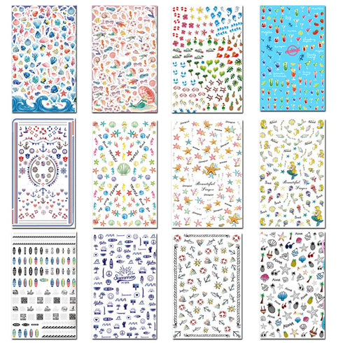 TailaiMei Summer Beach Nail Stickers - 1500+ Pcs Self-Adhesive DIY Nail Art Decals, Shark Nautical Turtle Design (12
