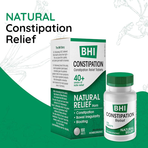 BHI Constipation Relief Natural Homeopathic Ingredients for Women & Men, 100 Tablets