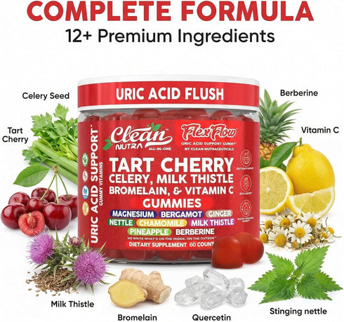Gummies 60 Gummy Clean Nutra Tart Cherry Uric Acid Flush Celery Milk Thistle Bromelain Vitamin C Magnesium Citrus