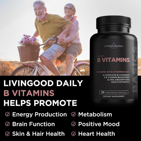 Livingood Daily Vitamin B Complex Capsules - Vegan B-Complex Supplement for Nervous System & Cognitive Health, 30