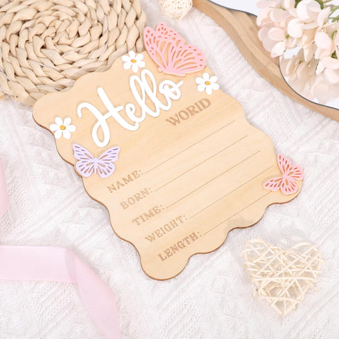 TERJIO Butterfly Daisy Hello Worid Board - Little Butterfly Birth Announcement Sign, Wooden Hello World Card