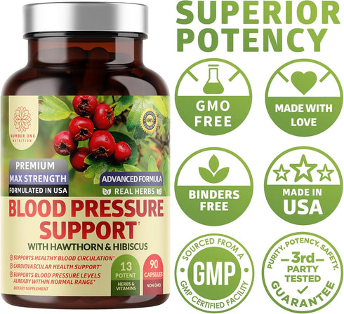 N1N Premium Blood Pressure Support 90 Caps with Hawthorn and Hibiscus, Natural Cardiovascular & Circulatory Health