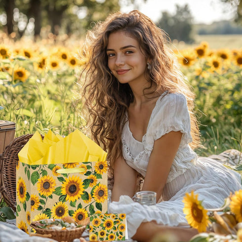 Peconal Large Sunflower Gift Bag with Tissue Paper and Greeting Card Yellow Sunflower Party Favor Bags Decorations