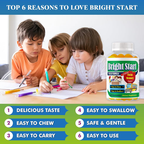 BrightStart Brain Focus Vitamins for Kids & Teens, Omega 3 Supplement, Focus Booster Nootropic Support, 60 Gummy