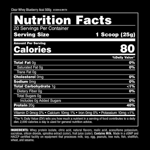Clear Whey Isolate Protein Powder, Easy to Digest, Blueberry Acai, 500g (20 Servings)