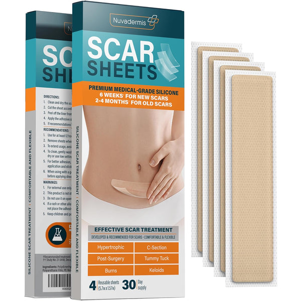 NUVADERMIS Silicone Scar Sheets, Extra Long Reusable Medical Grade for C-Section, Tummy Tuck, Pack of 4 - Light Tone