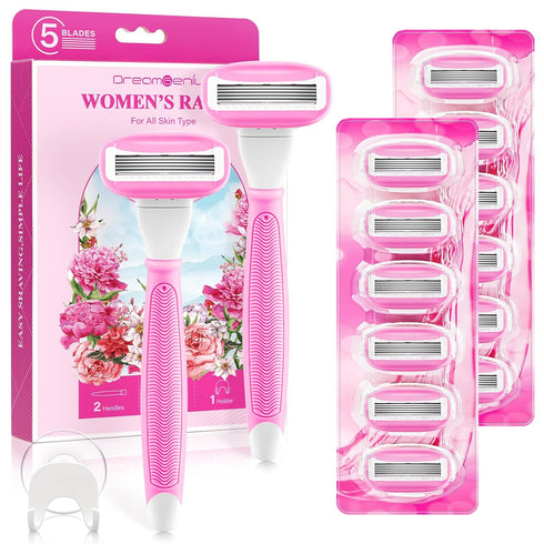 Razors for Women with 2 Non-Slip Handles, 14 Razor Refills, 5 Premium Blades, Disposable Razor with Shower Holder, Pink