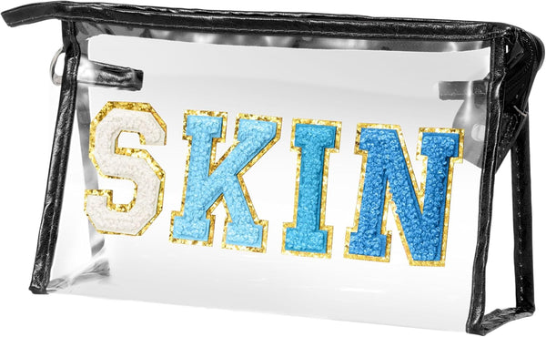 Preppy Patch Cosmetic Bag for Women & Girls, Classy Waterproof Clear PVC, Multi-Function Zippered Pouch, Blue