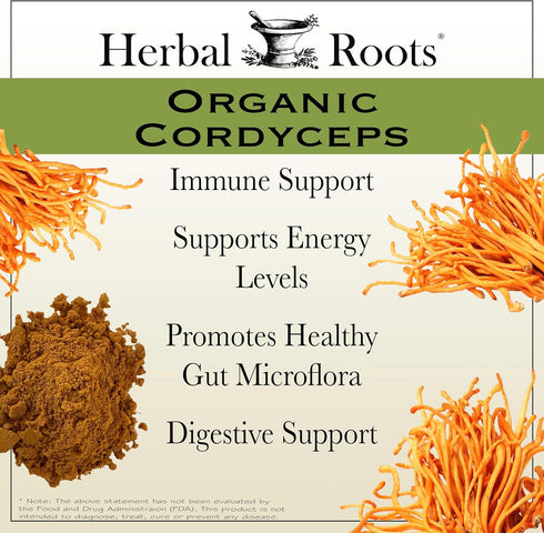Immune 60 Herbal Roots Organic Cordyceps - Fruiting Body Extract Mushroom Capsules - & Energy Support - Vegan Capsules
