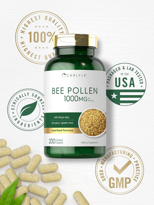 Carlyle Bee Pollen Supplement, 1000mg, 200 Caplets with Royal Jelly and Bee Propolis, Vegetarian, Non-GMO