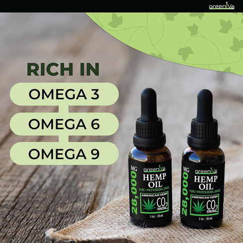 GreenIVe Hemp Drops 28,000mg - Organically Grown Pure Hemp Oil Drops, Vegan Omegas, Natural Potent Results (2 Pack)