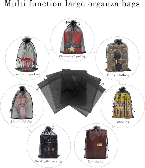 50pcs Sheer Black Organza Gift Bags 8X12 inch, Large Drawstring Jewelry Pouch for Wedding Party Favor