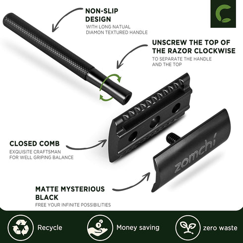 ZOMCHI Safety Razor for Men, Metal Razor with 5 Double Edge Blades, Zero Waste, Black