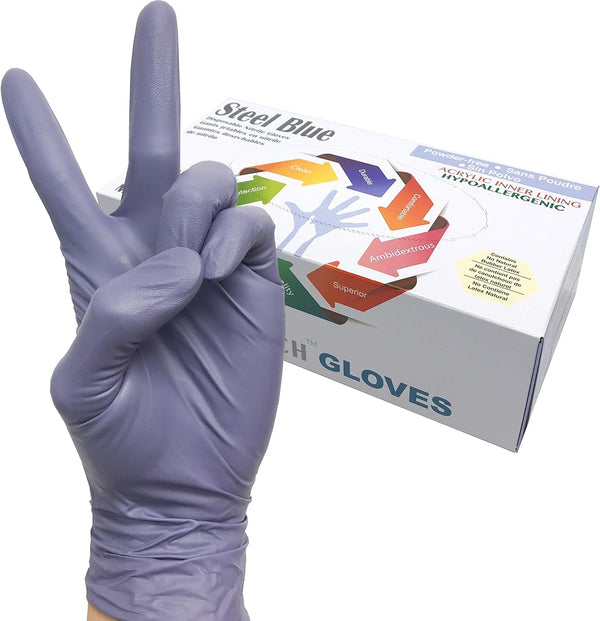 Disposable Steel Blue Heavy Duty Nitrile Gloves, 9.5" Length, Powder Free, 6 Mil Thickness, Large, Pack of 100.