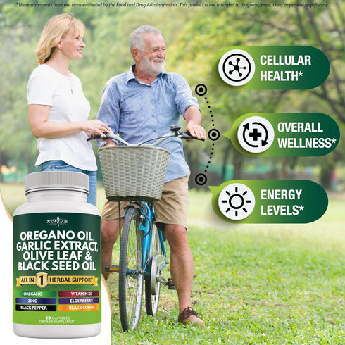 NEW AGE Oregano Oil 6000mg, Garlic Extract 4000mg, Olive Leaf 3000mg with Astragalus - Immune Support Supplement