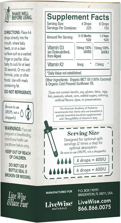 Vitamin D3 and K2 Liquid Drops, Baby Vitamin D Drops with Organic MCT Oil for Healthy Bones