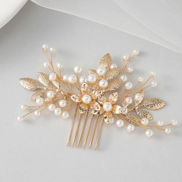 SWEETV Bridal Hair Comb, Pearl Hair Accessory, Bendable Leaf Hair Piece, Vintage Wedding Accessories for Brides