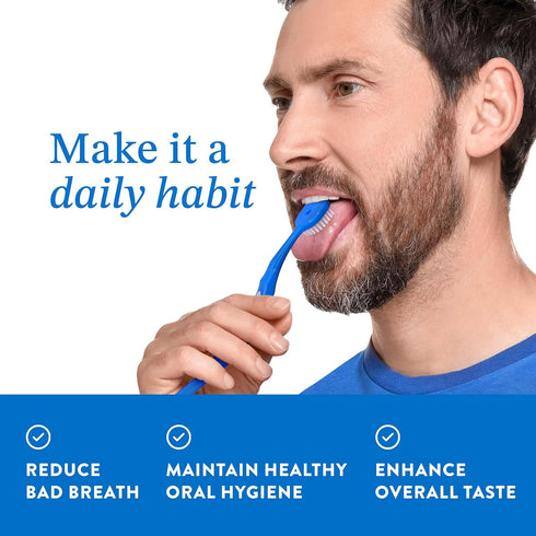 Soft Bristle Tongue Brush for Adults (2 Pack), Ergonomic Handle & Protective Cap, Improve Oral Hygiene & Reduce Bad