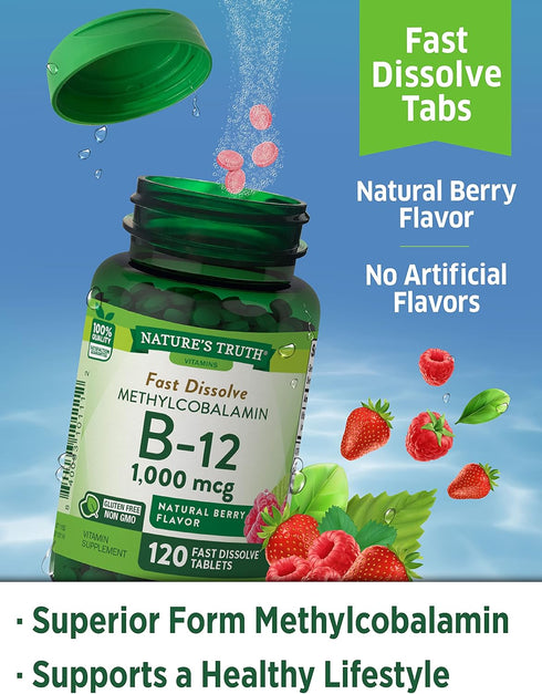 B12 Vitamin Sublingual Tablets, 1000 mcg, 120 Count, Vegetarian, Non-GMO & Gluten Free, Nature's Truth