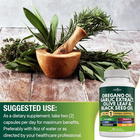 NEW AGE Oregano Oil 6000mg, Garlic Extract 4000mg, Olive Leaf 3000mg with Astragalus - Immune Support Supplement