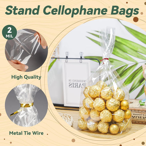 NPLUX 50 Pack Cellophane Bags, Clear Flat Bottom Treat Bags with Twist Ties for Candy, Gift Wrapping