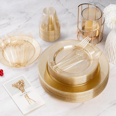 Goodluck 150 Gold Glitter Plastic Silverware, Disposable Glitter Utensil Set of 50 Forks, 50 Spoons, 50 Knives for