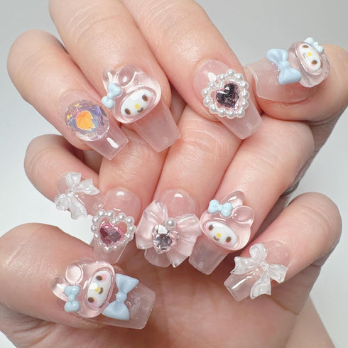 Thick Acrylic Press on Nails, Handmade Gel Press On Nails Long Square, bling pearl Cute bow rhinestone Kawaii Fake Nails Kit,Reusable 10 Nails Size M,#949