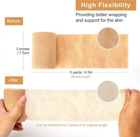 SUPERBE (3 Inches 5 (3 inch, Count, 12) Self Adhesive Bandage Tape X Yards), Elastic Cohesive Bandage Medical Wrap