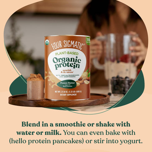 Four Sigmatic Organic Plant-Based Protein Powder, Peanut Butter Flavor, Clean Vegan Protein, 21.16 oz