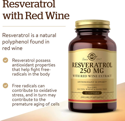 Solgar Resveratrol with Red Wine Extract, 250 mg, 60 Softgels - Non-GMO, Gluten Free, Dairy Free