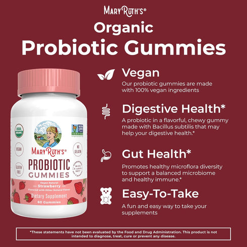 MaryRuth Organics USDA Organic Probiotic Gummies, Digestive & Immune Support, 2.5 Billion CFU, 60 Count