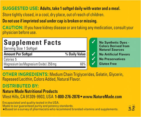 Nature Made Magnesium 250 mg Supplement for Muscle, Heart, Bone & Nerve Support | 90 Softgels, 90 Day Supply