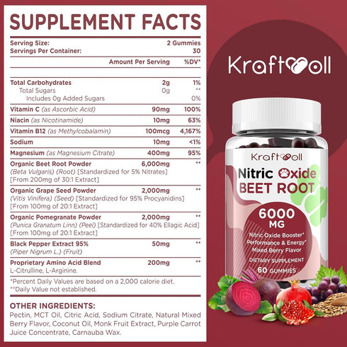 Nitric Oxide Beet Root Gummies 6000MG Supplements - Sugar Free Beetroot Grapeseed Powder
