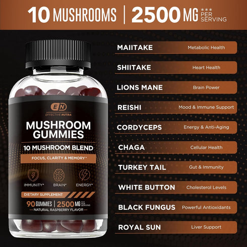 Mushroom Gummies 10 Blend - 2500mg Complex for Brain Booster, Immune Support, Energy (90ct)