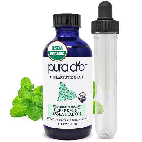 PURA D'OR ORGANIC Peppermint Essential Oil - 4oz with Glass Dropper - 100% Pure & Natural