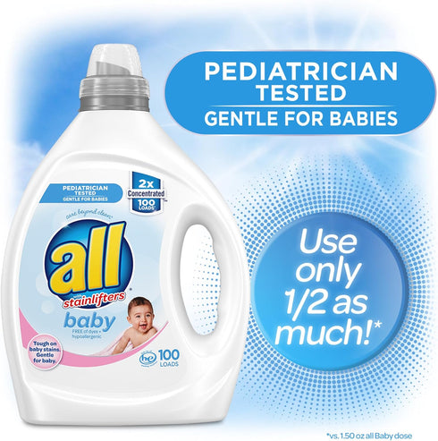 all Liquid Laundry Detergent, 2X Concentrated, Gentle for Baby, Hypoallergenic & Free Of Dyes, 100 Loads