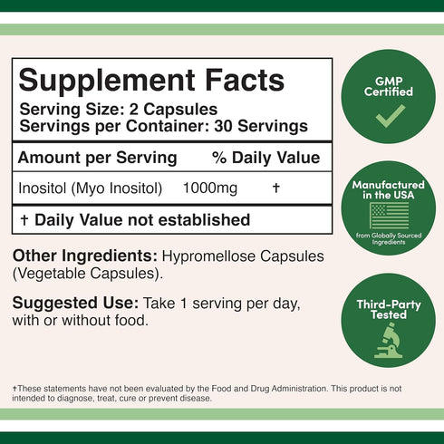 Inositol Capsules (Myo Inositol) 1000mg Health Support for Women (60 Count)(No Fillers, Vegan Safe, Gluten Free) by Double Wood