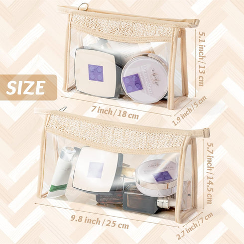 Boho Clear Cosmetic Bag - 2Pcs Boho Waterproof Toiletry Bag Travel Makeup Bag Beige Transparent PVC Zipper Makeup Pouch Compliant Bag for Women Men