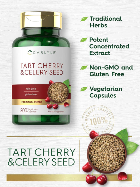Carlyle Tart Cherry and Celery Seed Supplement, 200 Capsules, Vegetarian, Non-GMO, Gluten Free