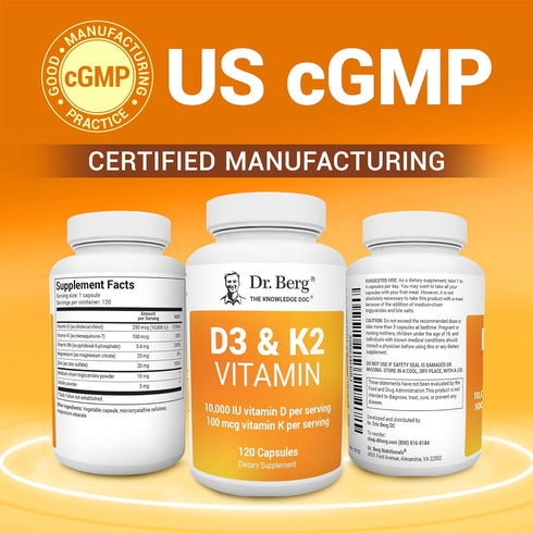 Dr. Berg Vitamin D3 K2 w/MCT Powder - 10,000 IU Vitamin D3, 100 mcg MK7 Vitamin K2 for Ultimate Absorption, 120 Capsules