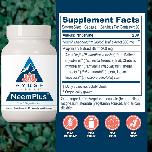 Immune 90 Ayush Herbs Neem Plus - Digestive Health for Women & Men, Gut Support Supplement for Stomach & Skin Health