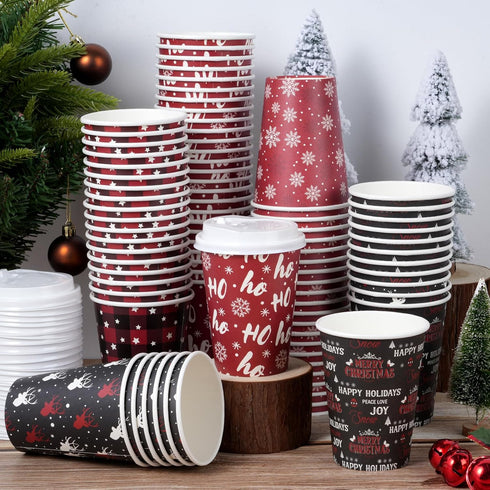 Hauwellter 100 Set 12oz, Christmas Disposable Coffee Cups with Lids Bulk Red and Black Xmas Holiday Hot Chocolate Party