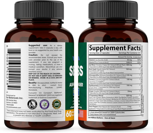 Sea Moss Black Seed Oil, Ashwagandha, Ginger, Burdock Root, Turmeric, 60 Capsules, Made in USA