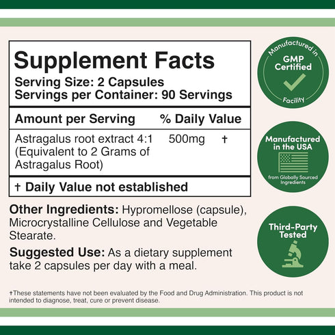Double Wood Supplements Immune Boosting Astragalus 500mg 180 Capsules - Non-GMO, Gluten Free, Third Party Tested