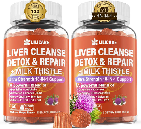 Liver Cleanse Detox & Repair Gummies with Milk Thistle 1500mg, 18-IN-1 Liver Health Supplement with Berberine and