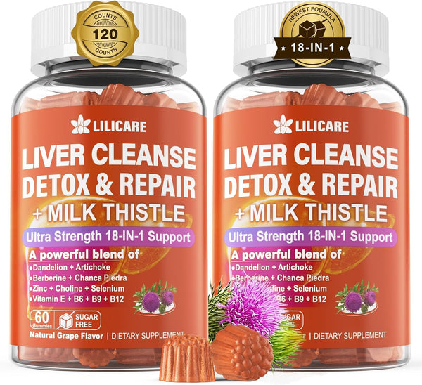Liver Cleanse Detox & Repair Gummies with Milk Thistle 1500mg, 18-IN-1 Liver Health Supplement with Berberine and