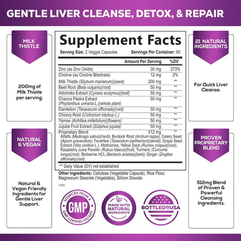 Gentle Liver Cleanse Detox & Repair Formula - Herbal Liver Support Supplement: Milk Thistle with Silymarin, Artichoke Extract, Dandelion, Beet, Chicory Root, & Turmeric for Liver Health - 180 Capsules